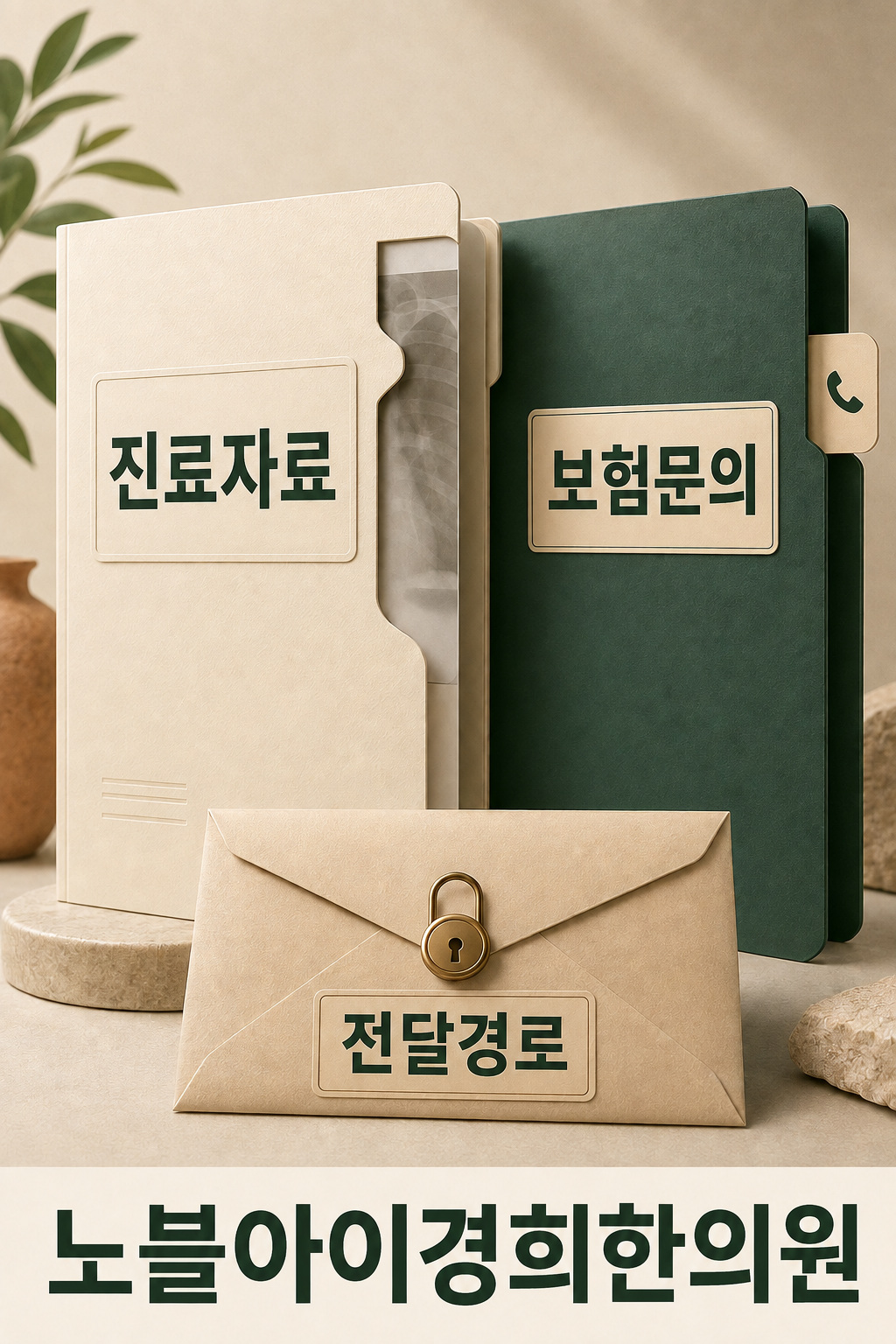 진료 자료와 보험 행정 문의의 목적을 나누고 개인 자료의 전달 경로를 별도로 확인하는 그림