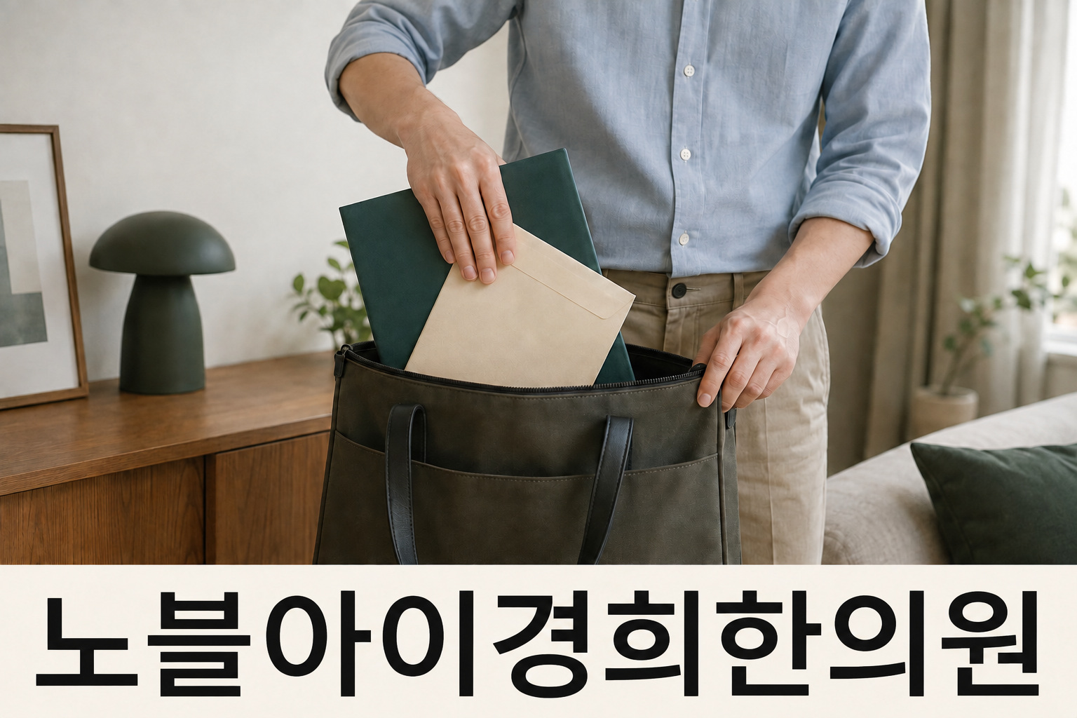 무표기 봉투와 닫힌 서류철을 외출 가방에 넣는 성인의 모습