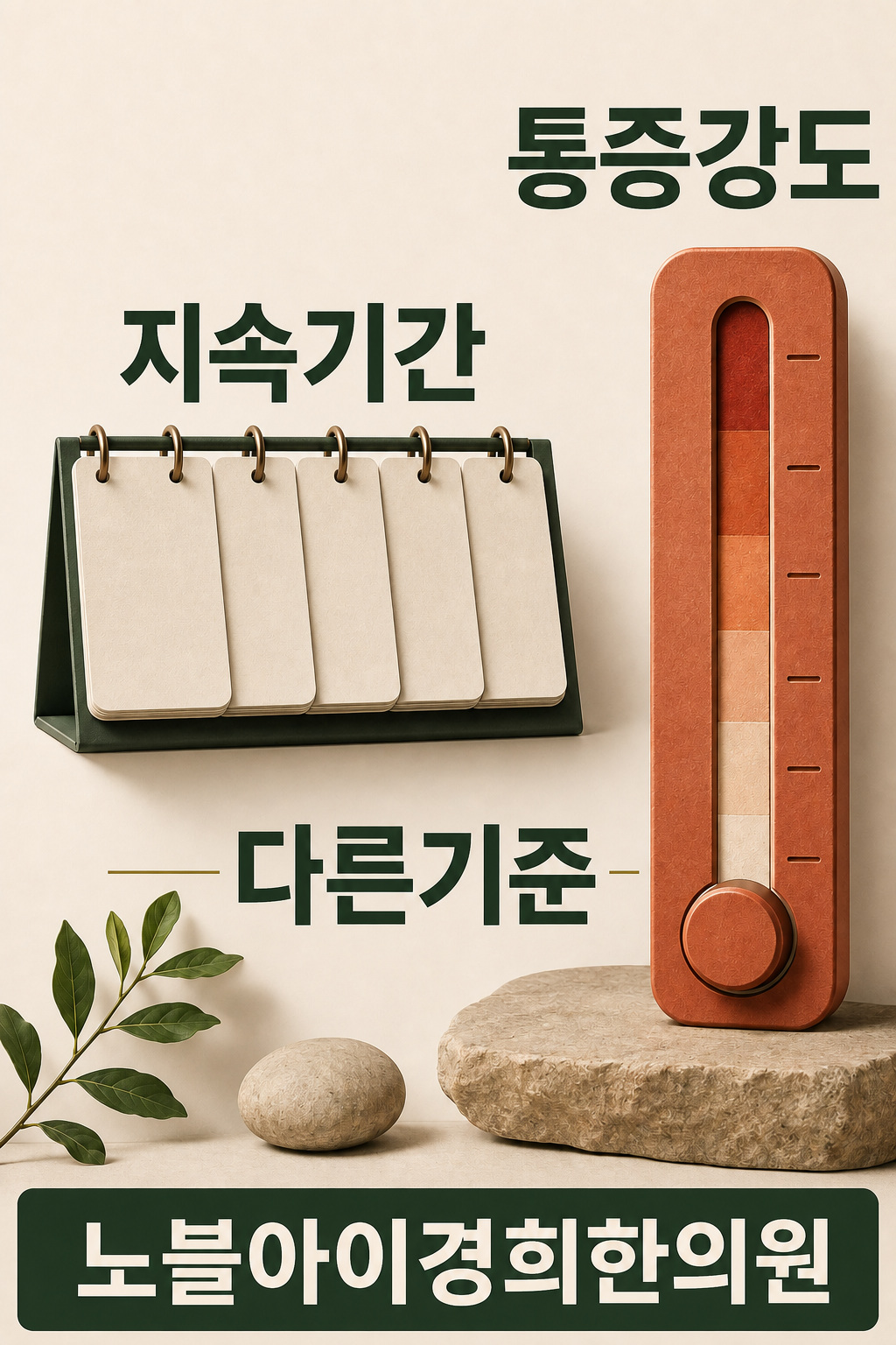 통증의 지속 기간과 강도는 서로 다른 분류 기준임을 달력과 별도의 강도 눈금으로 나타낸 그림