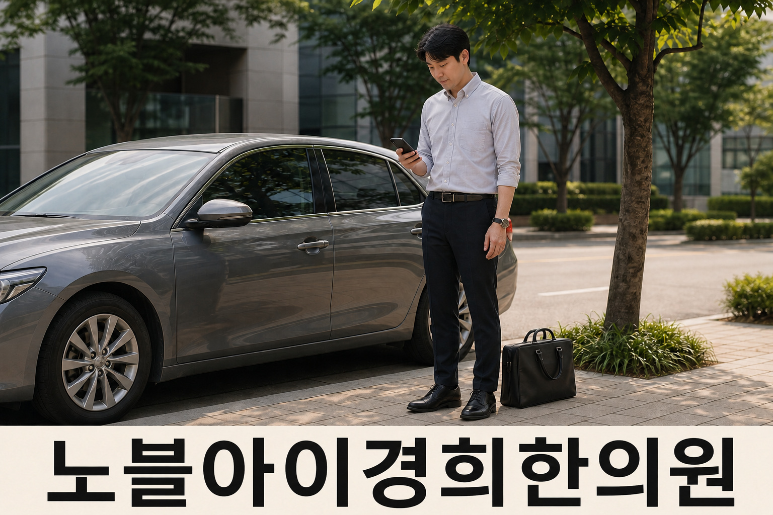 정차한 차 옆에 서서 출근 전 휴대전화를 살펴보는 성인의 설명용 이미지