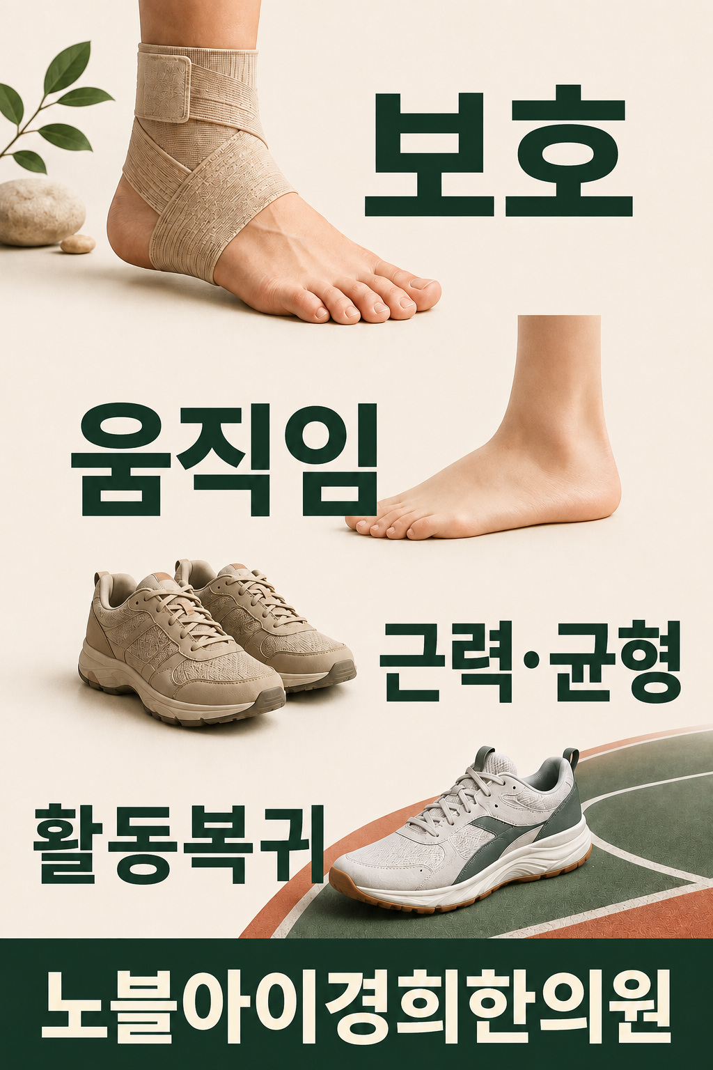 발목 염좌 회복에서 보호, 움직임, 근력·균형, 활동 복귀가 각각 다른 기능을 뜻함을 보여주는 그림