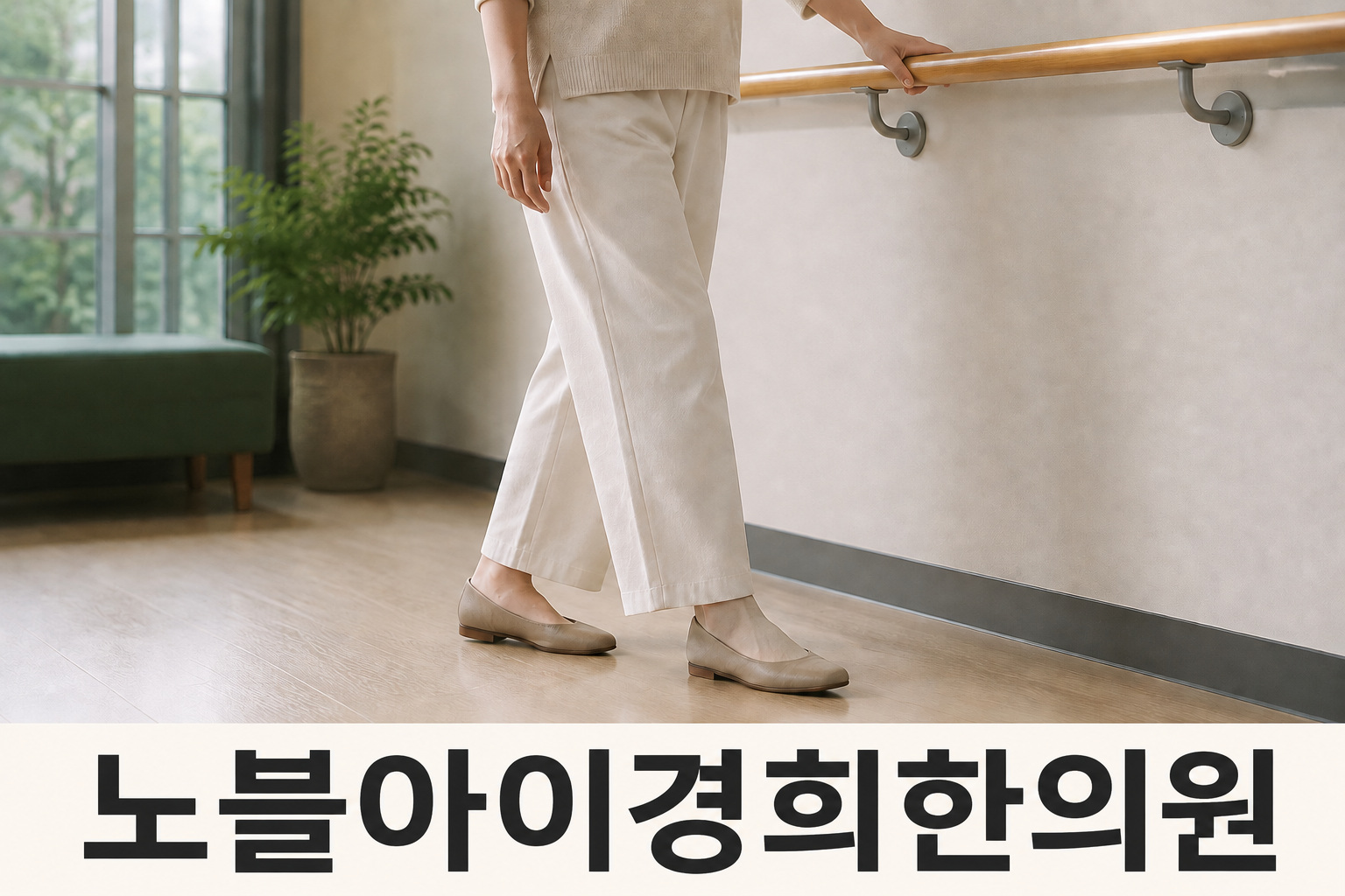 편안한 신발을 신은 성인이 난간 옆 평평한 바닥에서 조심스럽게 걷는 설명용 이미지