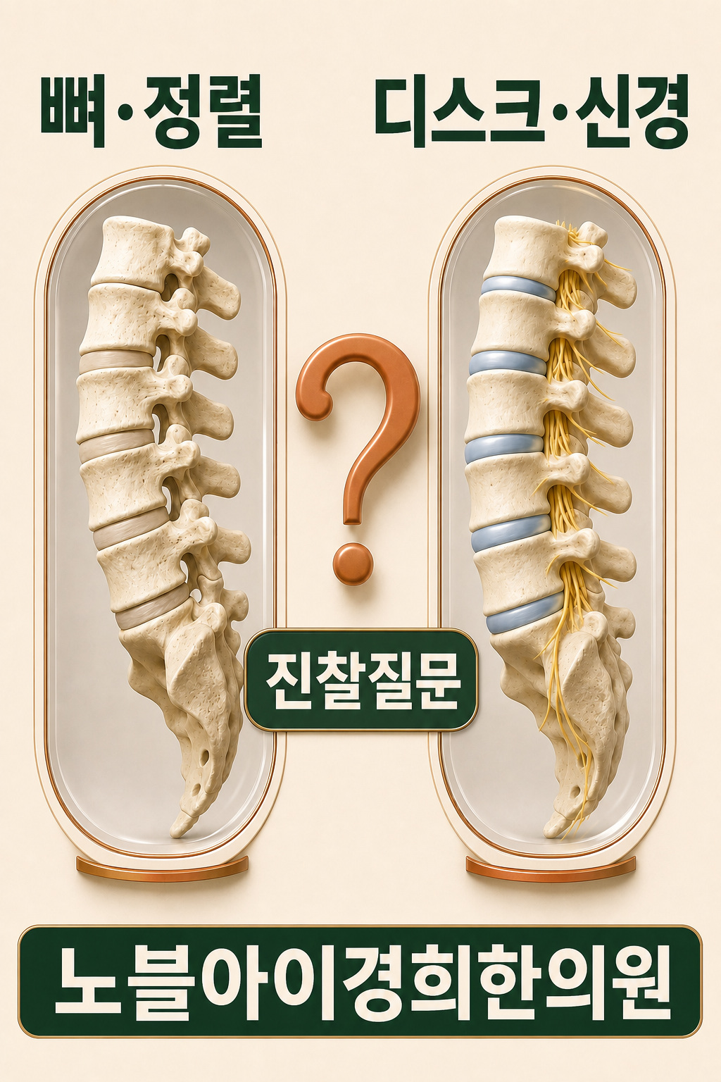 뼈의 정렬과 디스크·신경 구조를 보는 질문을 단순 요추 모형으로 나누어 진찰 목적과 연결한 설명 그림