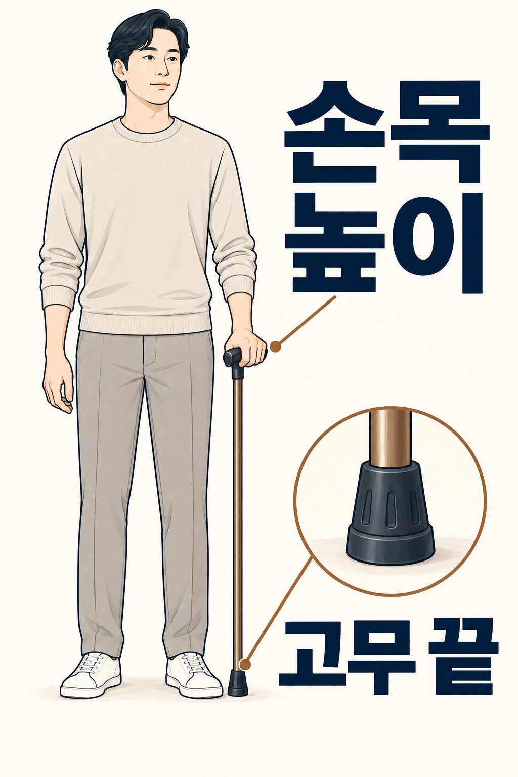 손목 높이에 맞춘 손잡이와 지팡이 고무 끝을 크게 표시한 도표