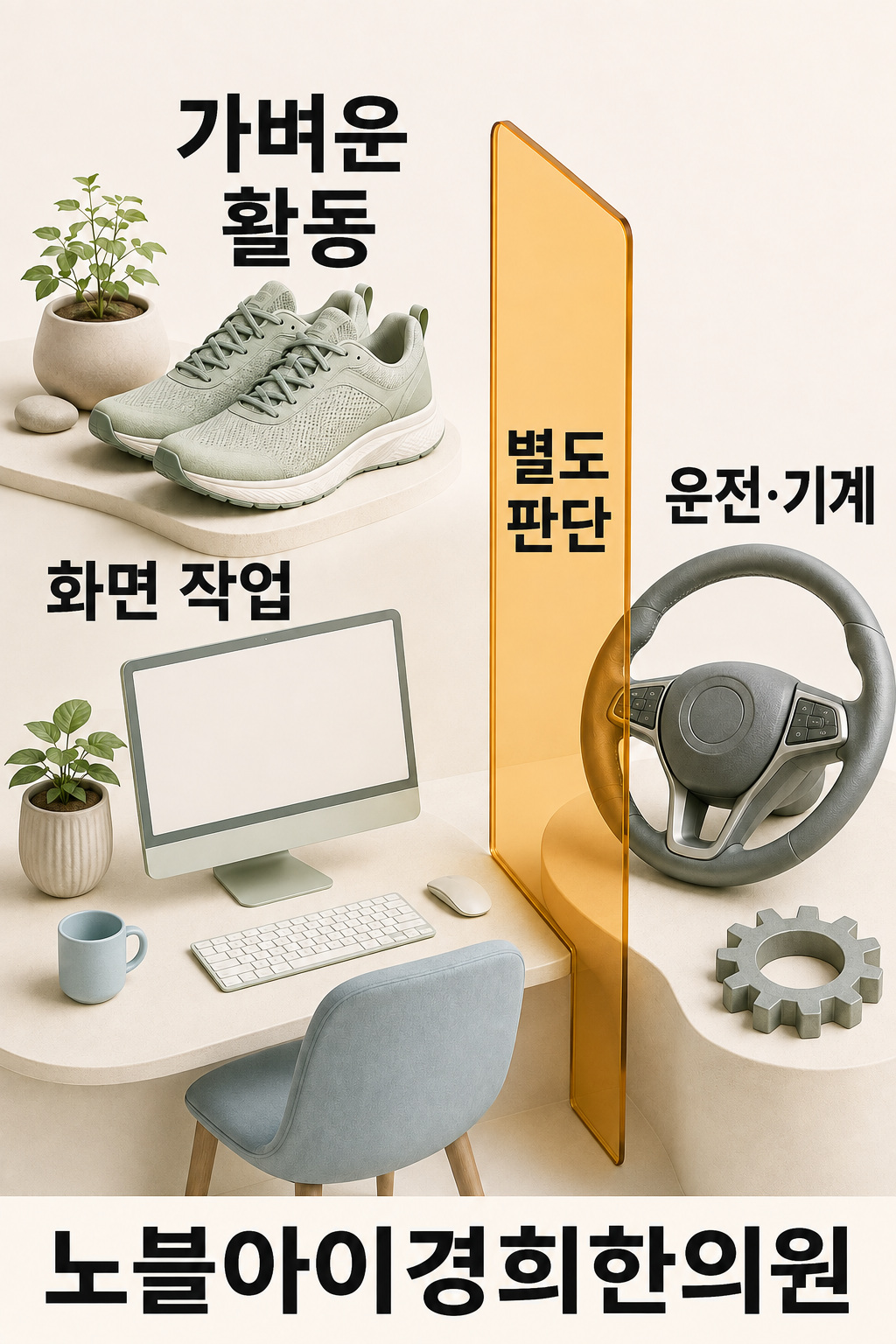 가벼운 활동과 화면 작업 옆에 운전·기계 작업을 별도 판단 영역으로 구분한 뇌진탕 활동 복귀 그림