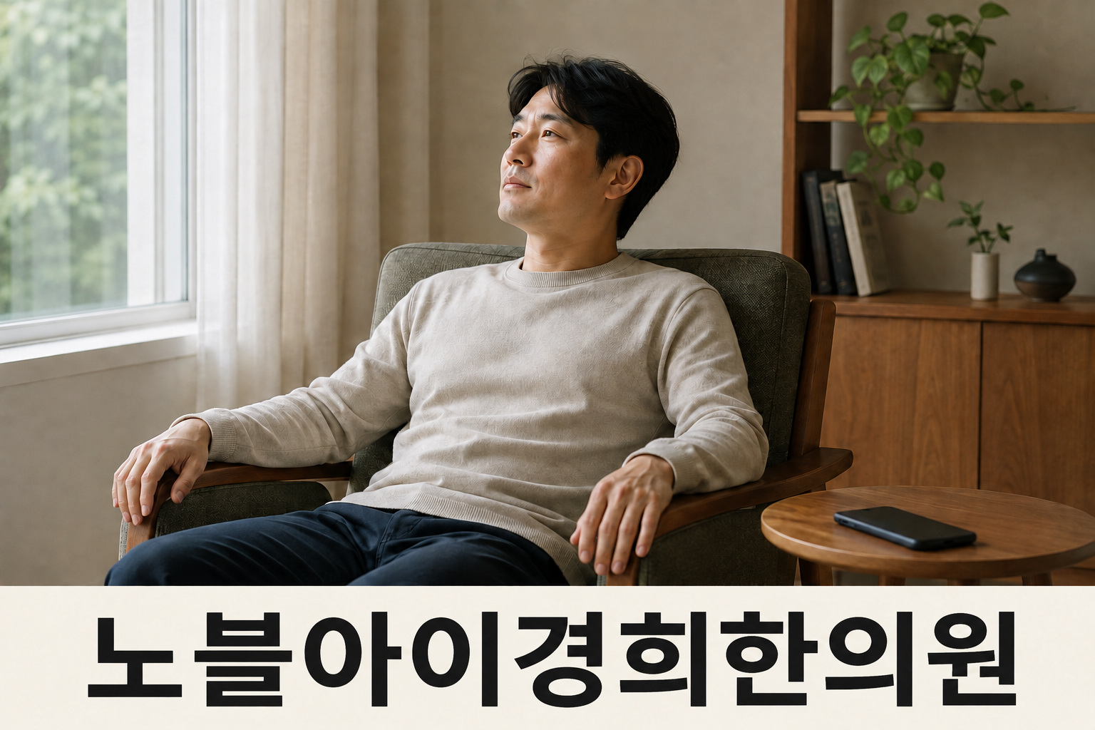 휴대전화를 내려놓고 조용한 거실 의자에서 깨어 있는 채 잠시 쉬는 성인의 모습
