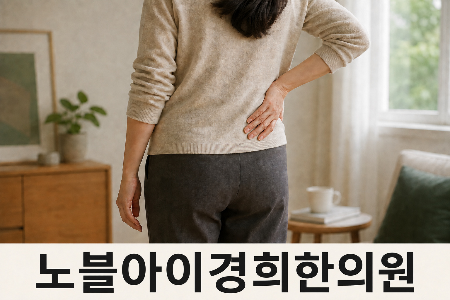 집 안에서 옷 위로 허리 아래쪽을 가리키는 성인의 설명용 이미지