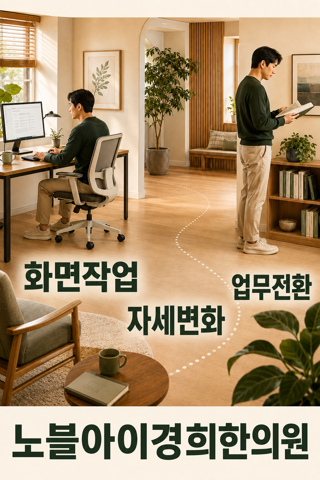화면 앞 작업에서 일어나 다른 업무로 전환하며 실제 자세를 바꾸는 두 생활 장면