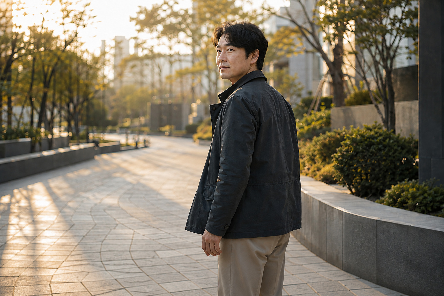 나무가 우거진 산책길을 걷다가 뒤를 돌아보는 남성
