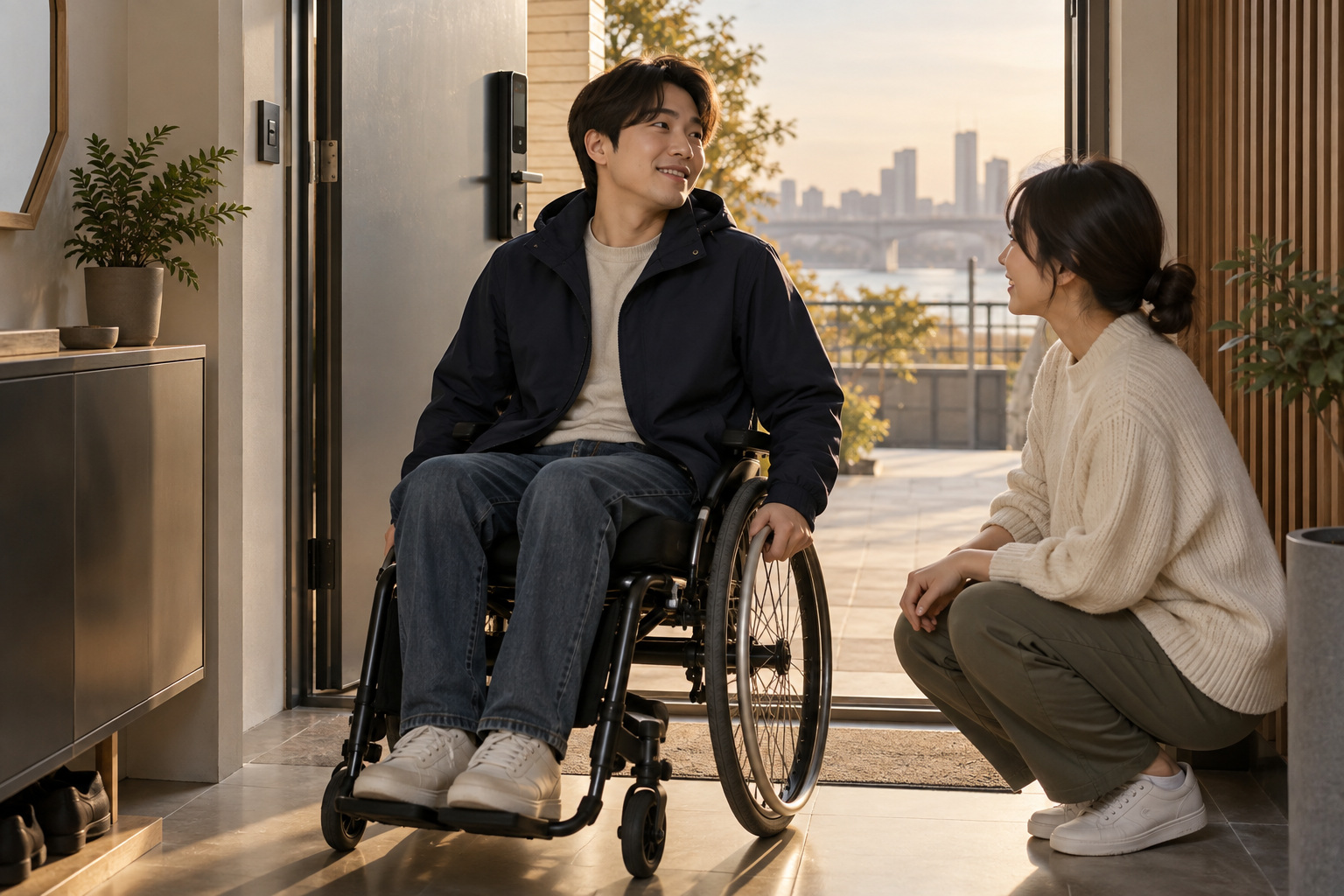 외출 준비를 함께 이야기하는 가상 휠체어 사용자와 동행인의 생성 이미지