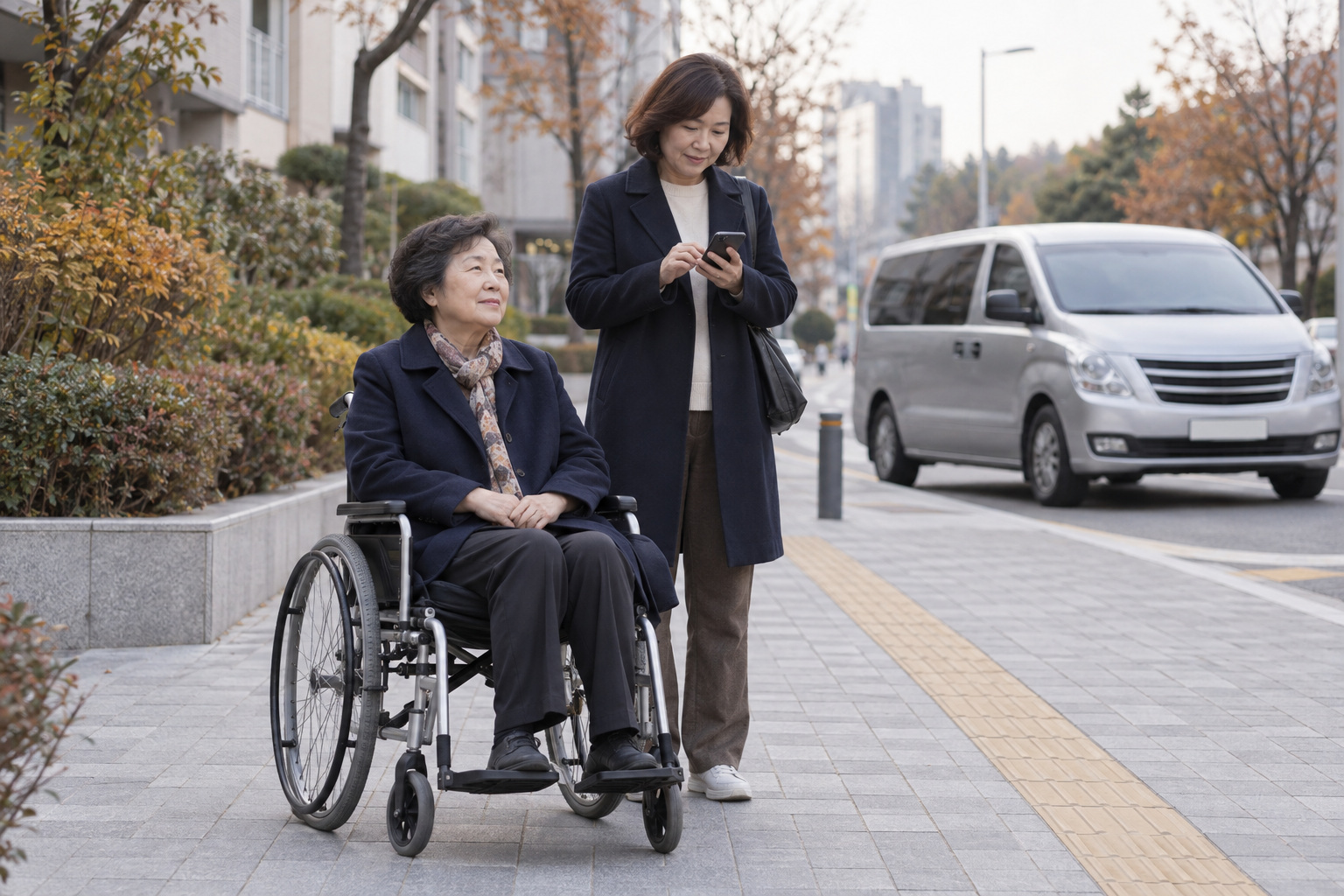 휠체어 이용자와 동행인이 이동을 준비하는 장면을 표현한 생성 이미지