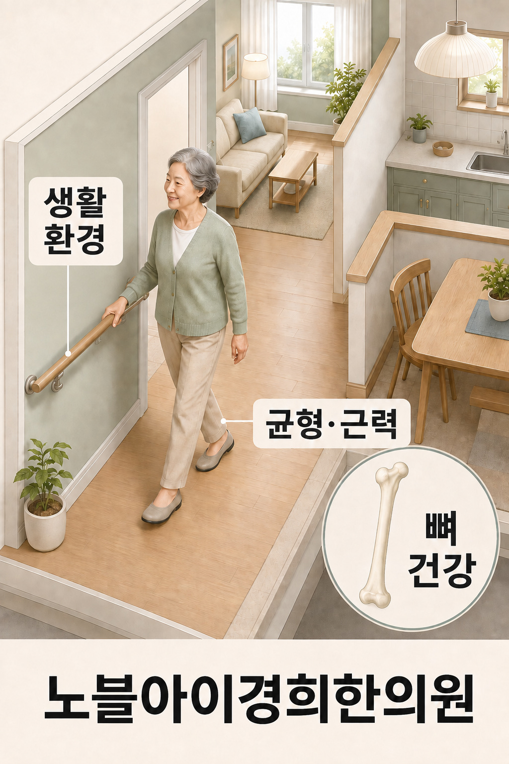 밝은 집 안에서 손잡이 곁을 걷는 노년 인물에 균형·근력, 생활 환경, 뼈 건강을 함께 표시한 낙상 예방 그림