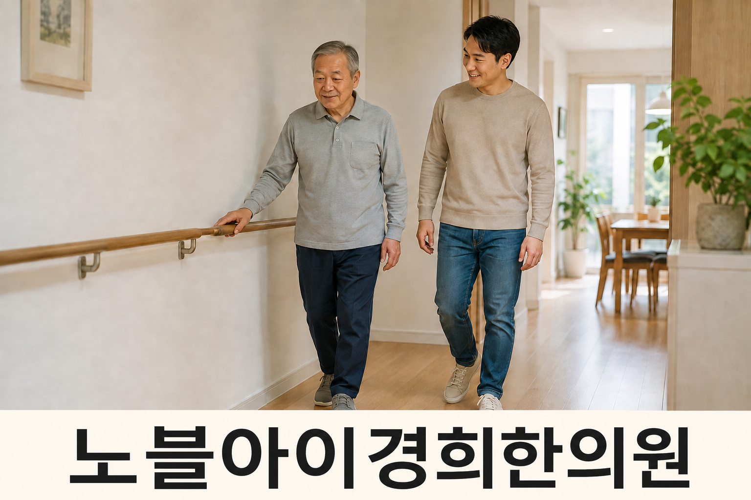 고정된 집 안 손잡이 옆을 가족과 함께 편안하게 걷는 고령 성인의 모습