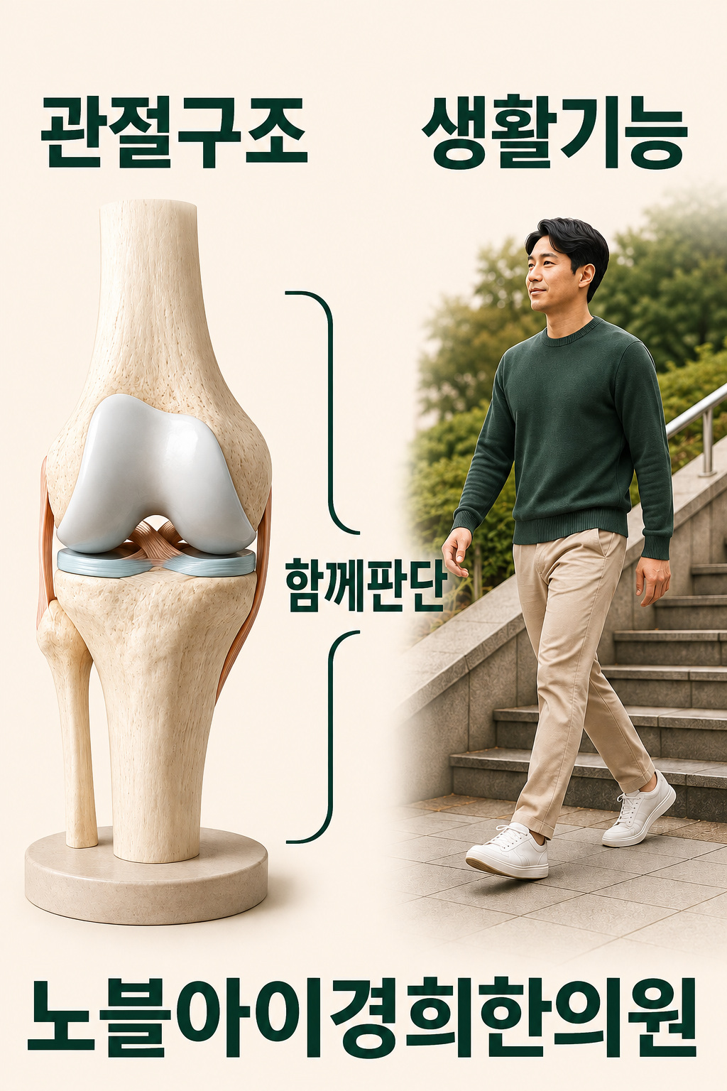 무릎 관절 구조를 보는 자료와 걷기 같은 생활 기능을 함께 고려하는 관계를 보여주는 그림