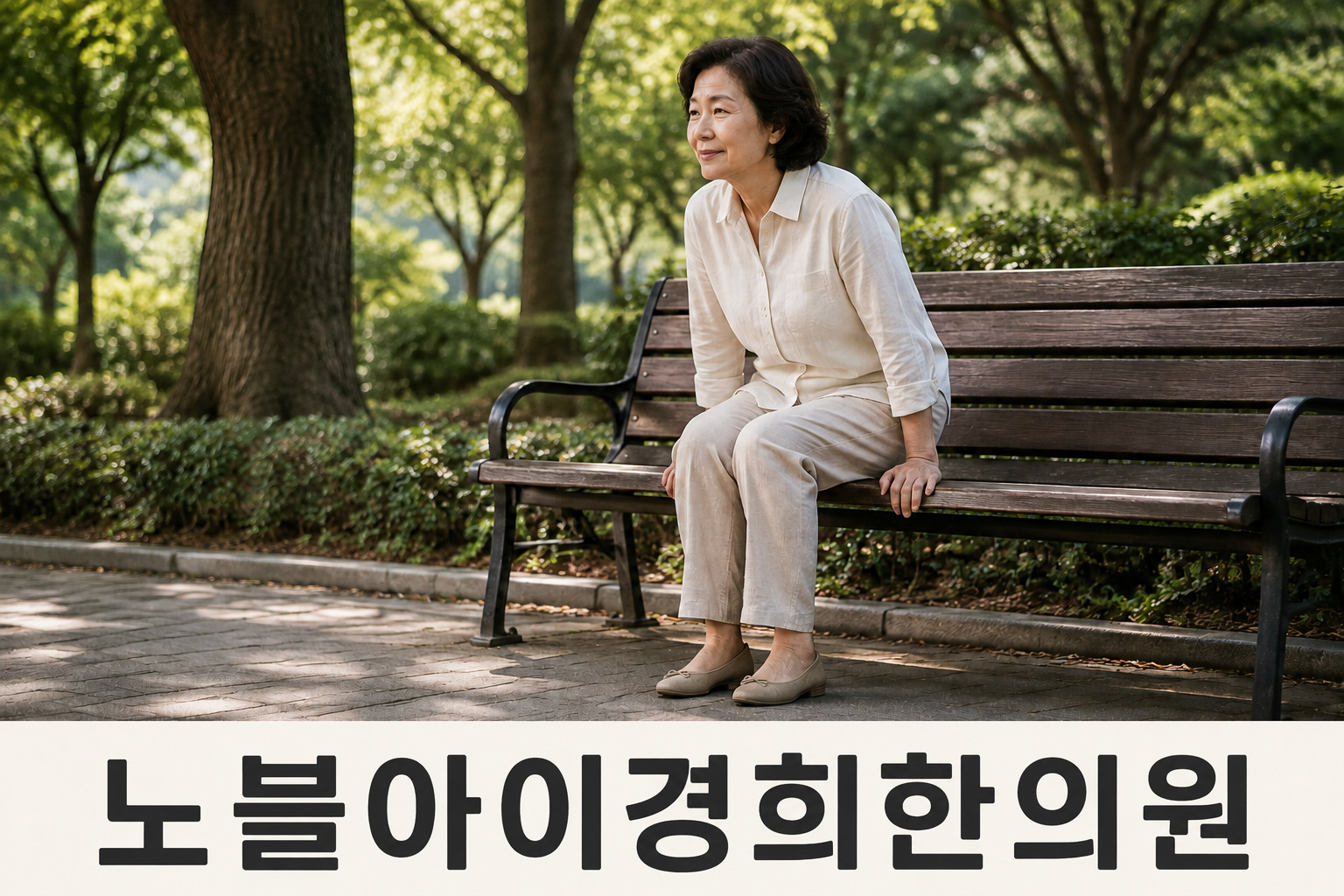 공원 벤치에서 두 발을 바닥에 둔 채 일어날 준비를 하는 고령 성인의 생활 장면