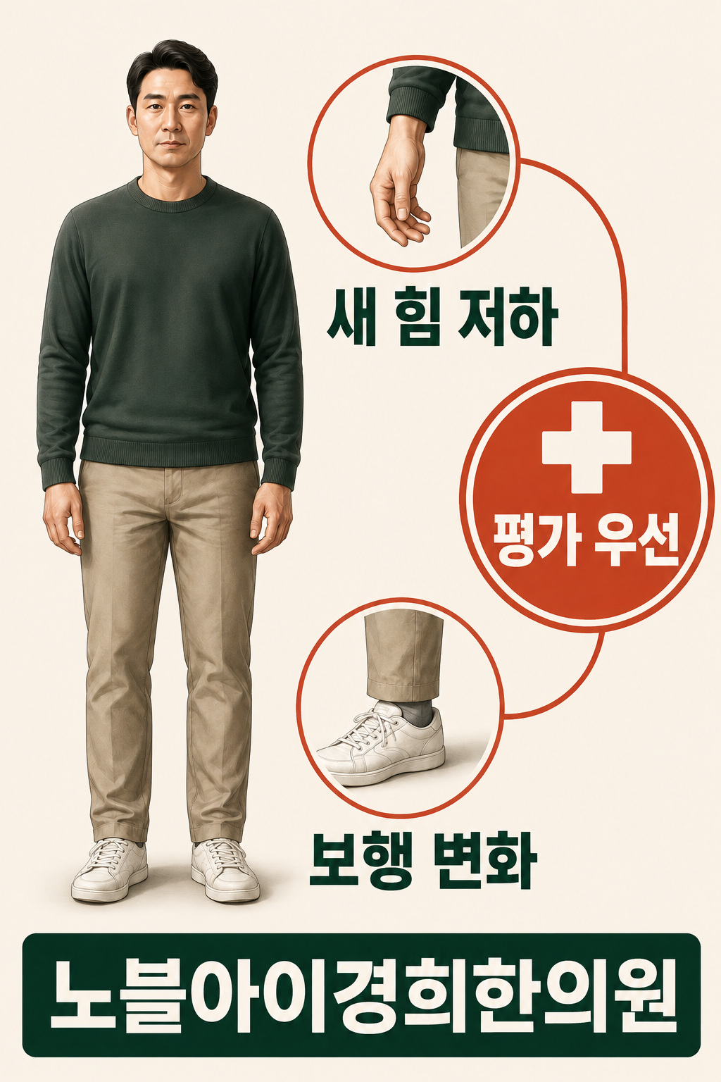 사고 후 새 손의 힘 저하와 보행 변화가 생기면 의료 평가가 우선임을 보여주는 설명 그림