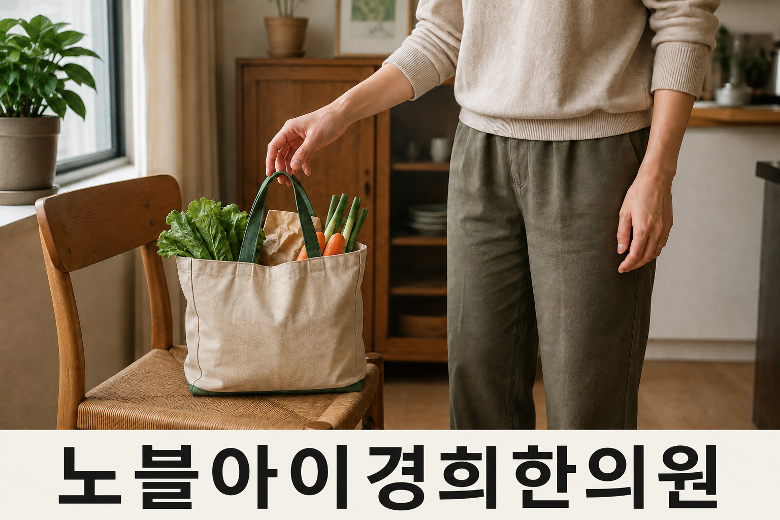 낮은 의자 위 장바구니의 손잡이를 들기 전에 손을 멈춘 성인의 설명용 이미지