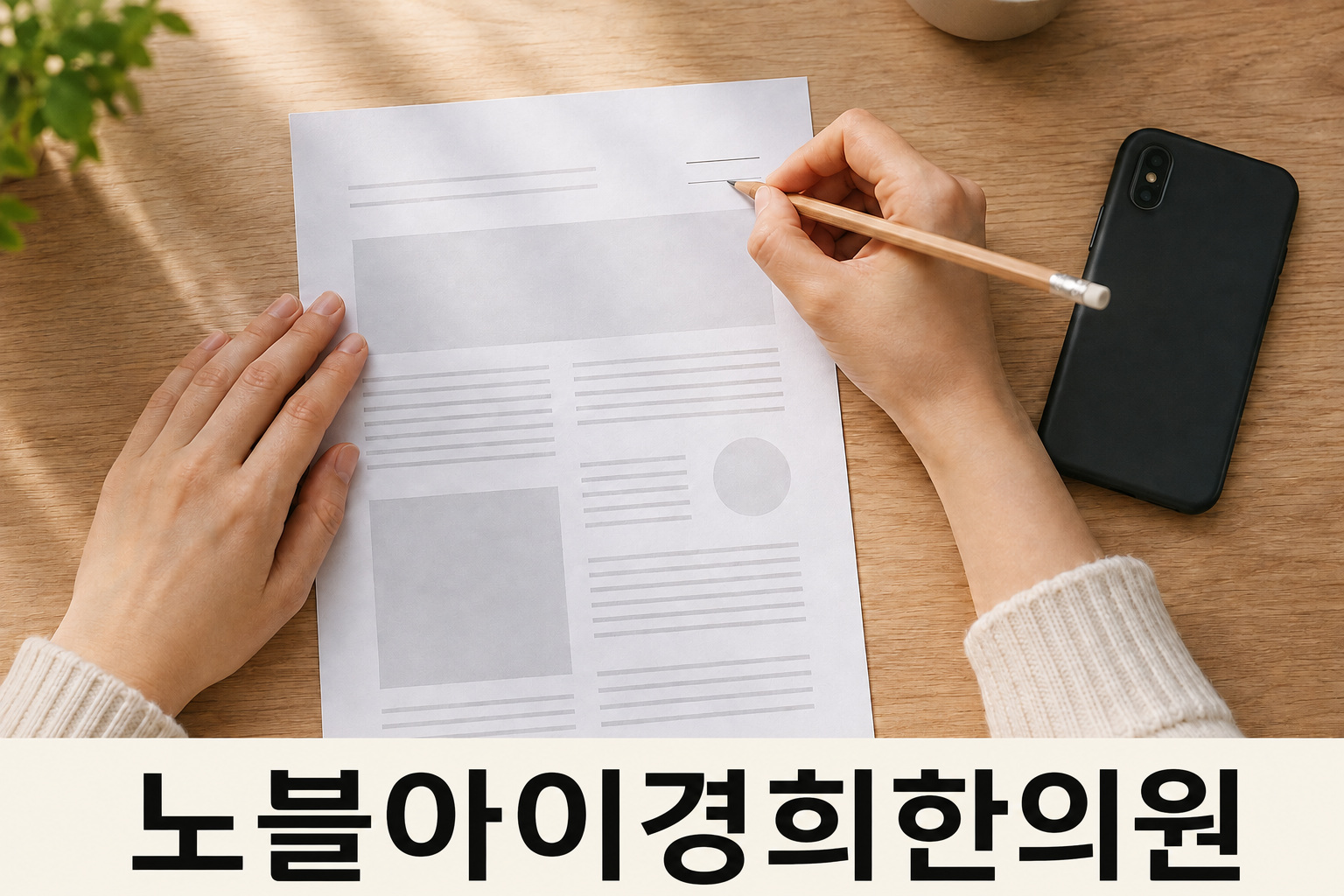 추상적으로 표현된 건강정보 인쇄물의 날짜 위치를 살펴보는 두 손과 뒤집어 둔 휴대전화