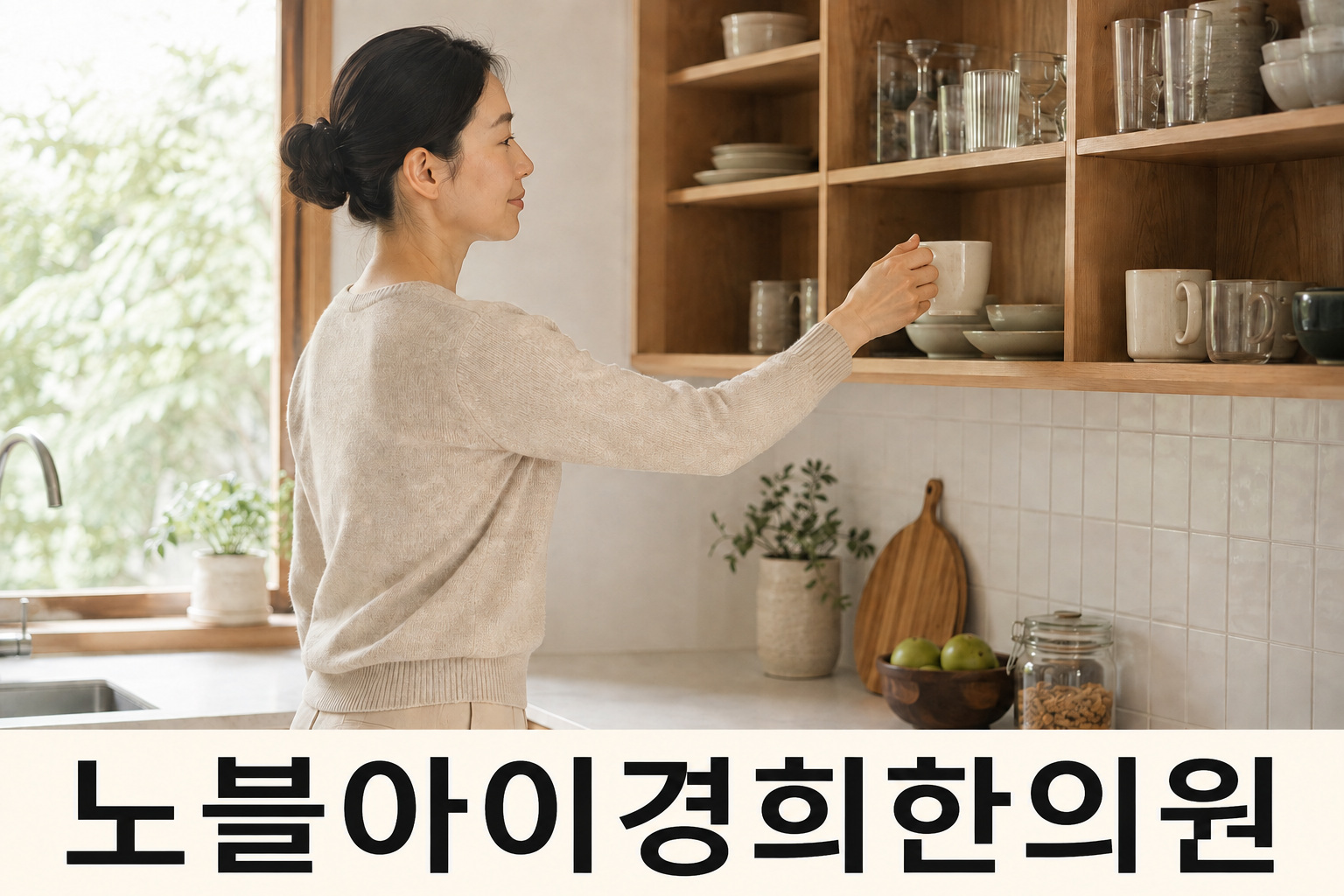 집에서 가슴 높이 선반의 가벼운 컵을 편안하게 꺼내는 성인의 모습