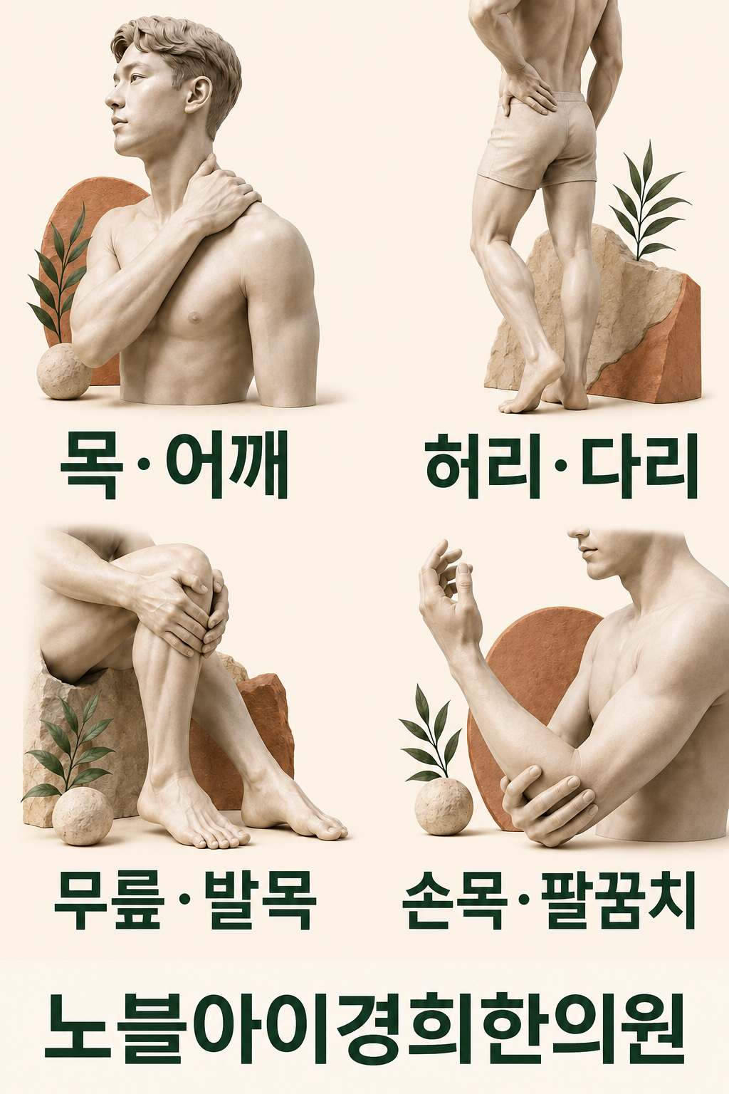 목·어깨, 허리·다리, 무릎·발목, 손목·팔꿈치의 네 읽기 주제를 구분한 인체 외형 모형
