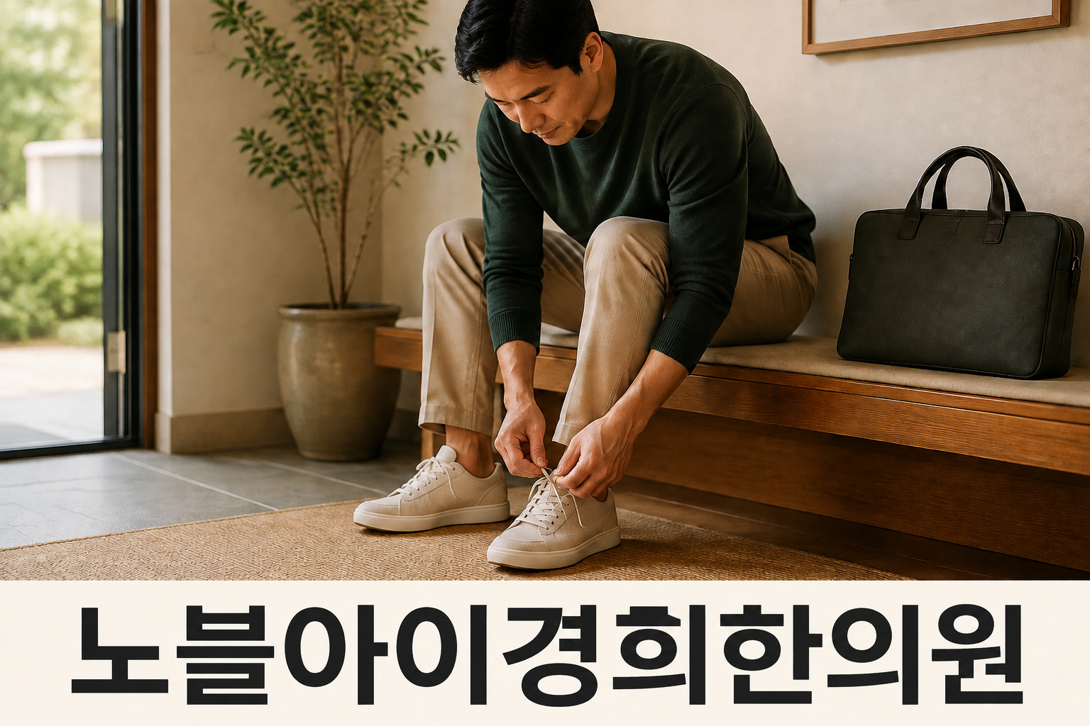 현관 벤치에 앉아 가방 옆에서 운동화 끈을 정리하는 성인의 생활 장면