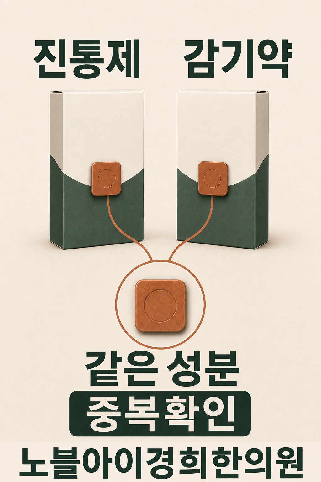 제품 이름이 다른 진통제와 감기약에서 성분이 겹칠 수 있어 성분 중복을 확인하는 원리를 보여주는 그림