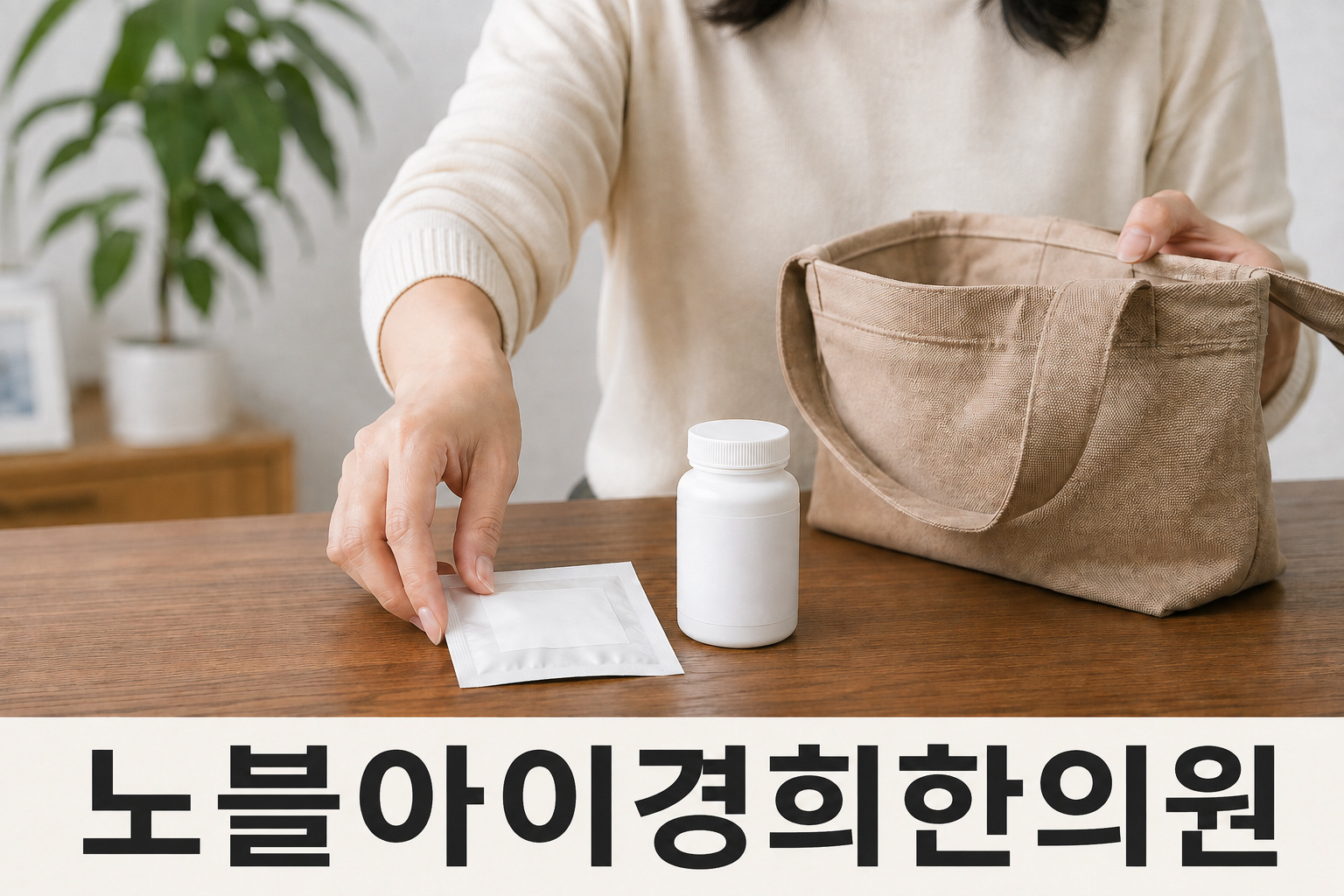 집에서 닫힌 약 봉투와 무표기 보충제 병을 방문 가방 옆에 놓는 성인의 설명용 이미지