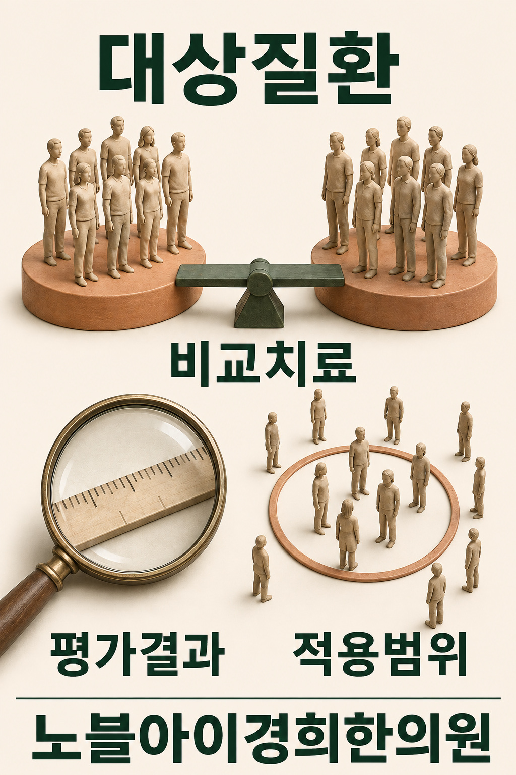 연구를 읽을 때 대상 질환, 비교 치료, 평가 결과, 적용 범위를 구분하는 네 가지 질문을 표현한 그림