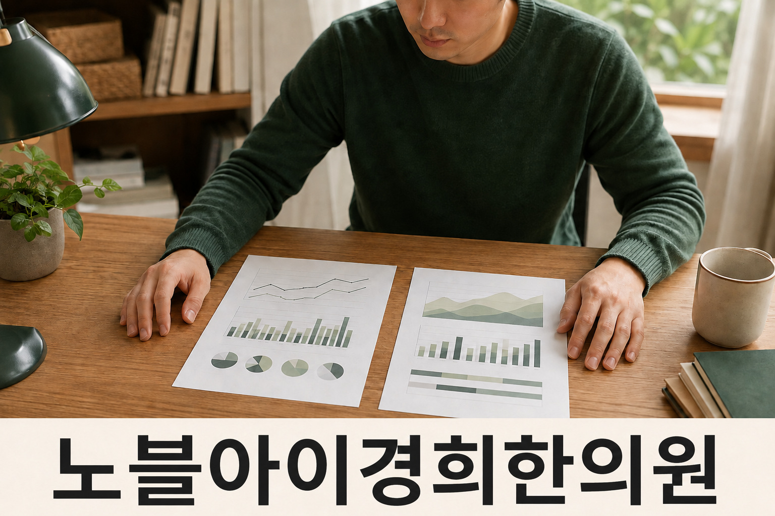 수치와 기관명이 없는 서로 다른 도표 두 장을 나란히 읽는 성인의 모습