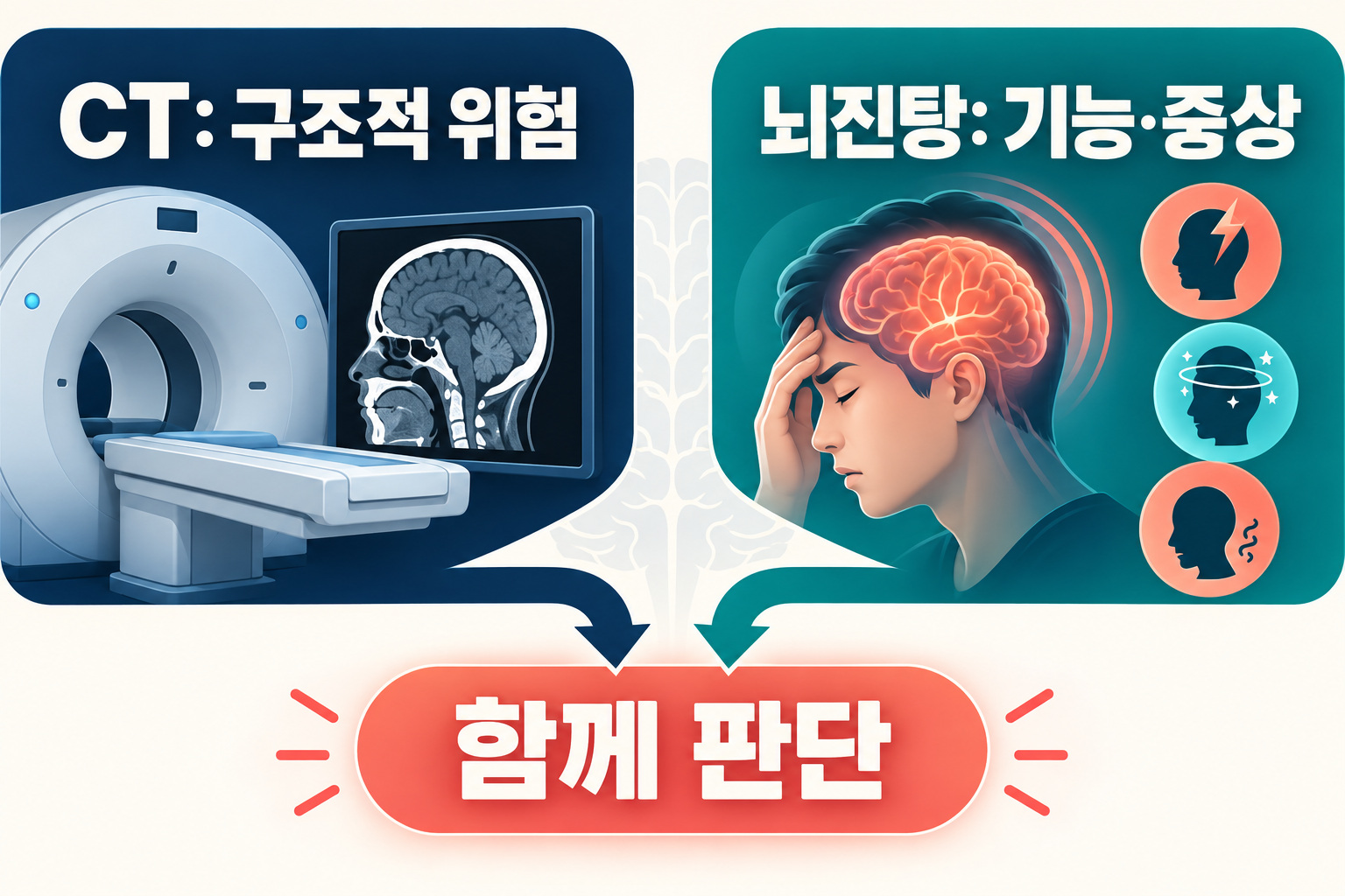 CT의 구조적 위험 확인과 뇌진탕의 기능·증상 평가를 함께 보는 인포그래픽
