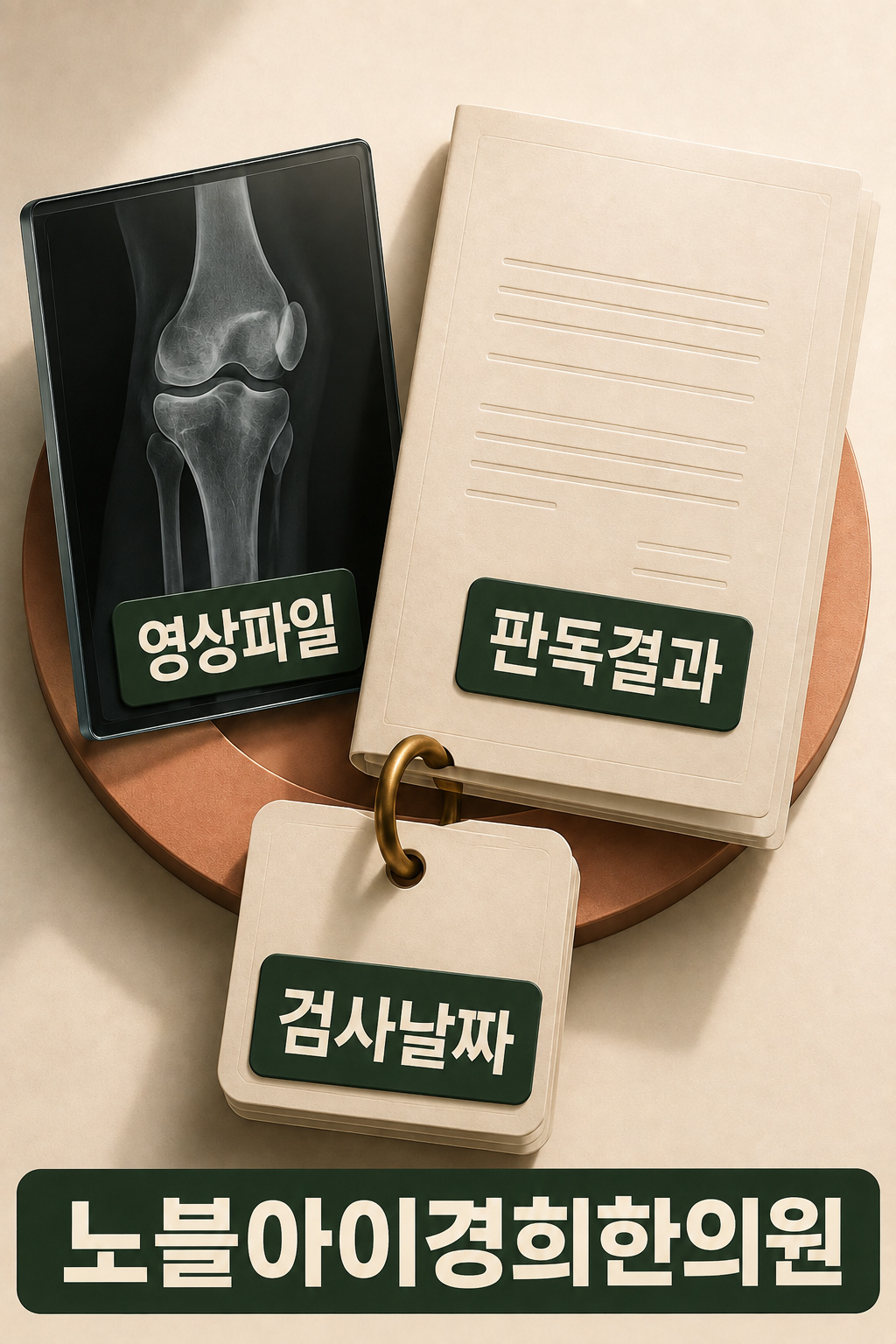다른 기관의 검사 영상 파일과 판독 결과는 서로 다른 자료이며 검사 날짜도 함께 확인하는 관계를 보여주는 그림