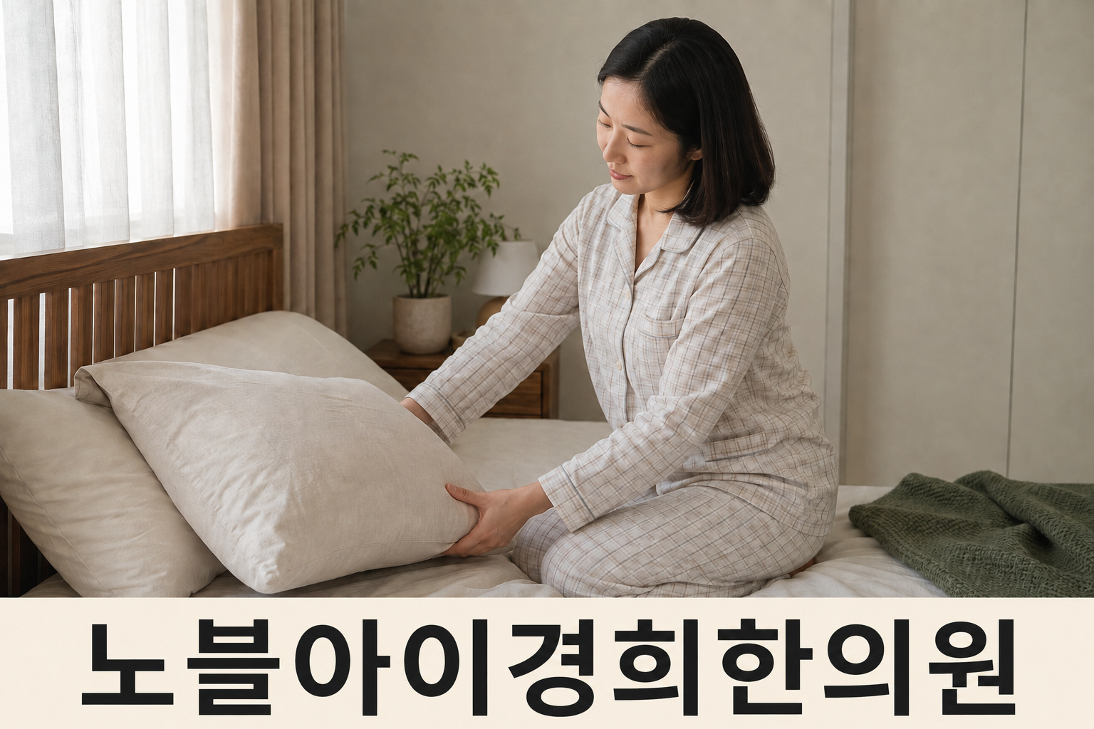 잠옷을 입고 침대에 앉아 두 손으로 베개를 조절하는 성인의 설명용 이미지
