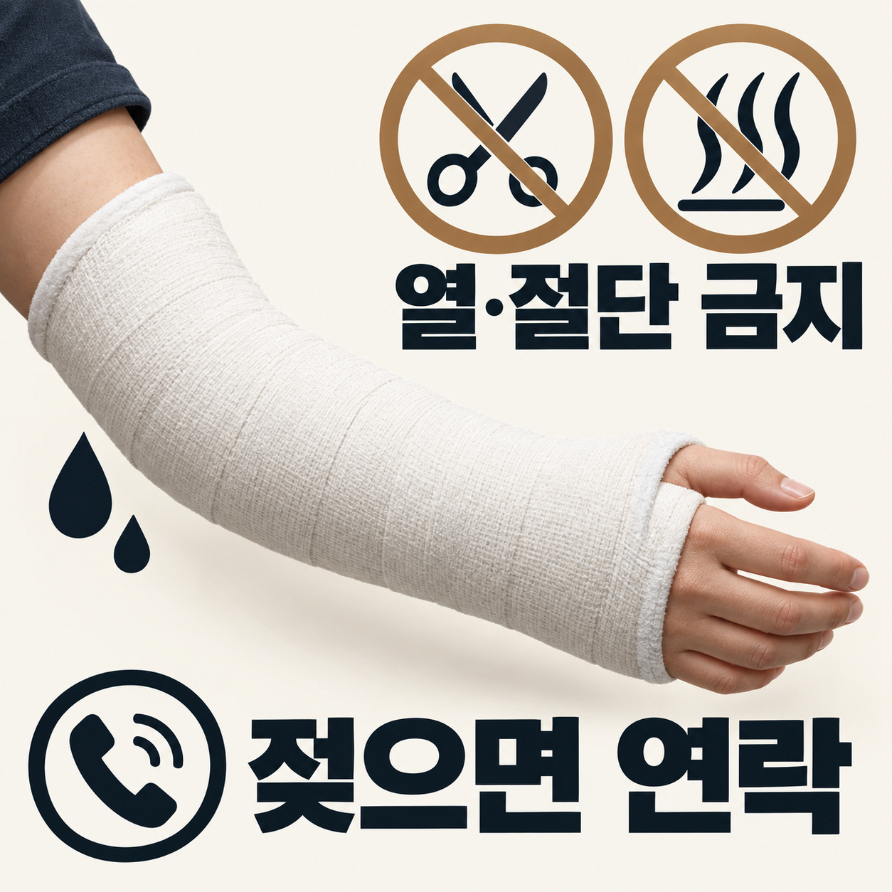 젖으면 의료기관에 연락하고 열과 직접 절단을 피하도록 안내하는 깁스 관리 도표