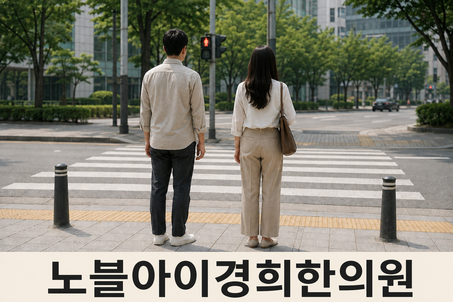 도시 횡단보도 앞 인도에서 빨간 보행 신호를 보며 기다리는 두 성인