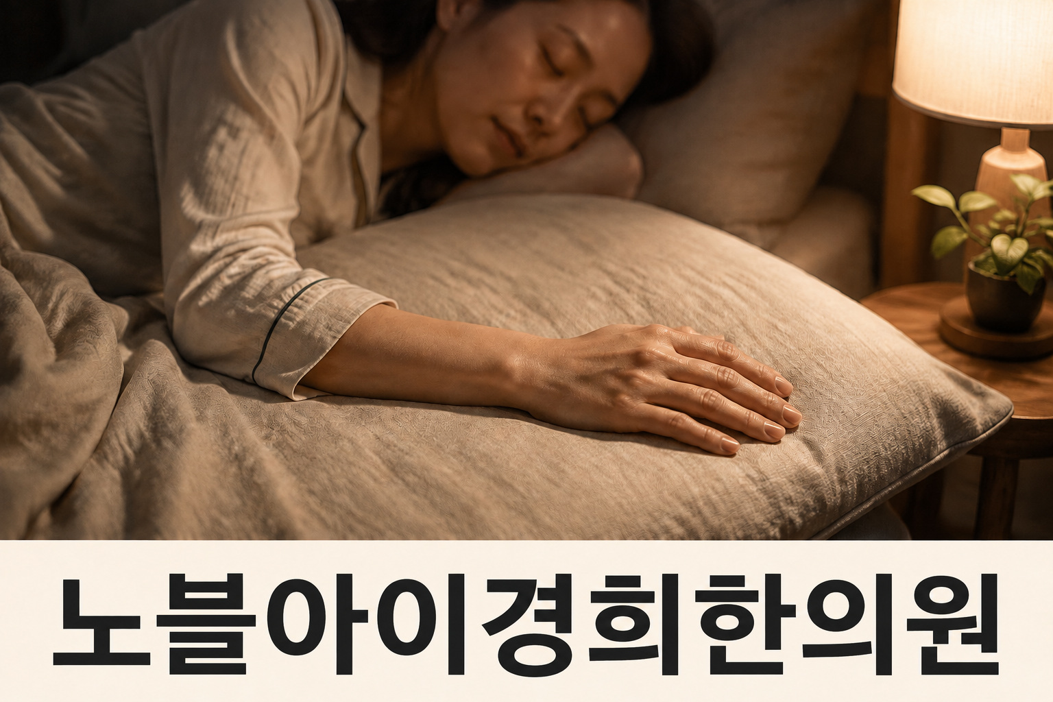 잠자리의 베개 위에 팔과 손을 편안하게 놓은 성인의 설명용 이미지