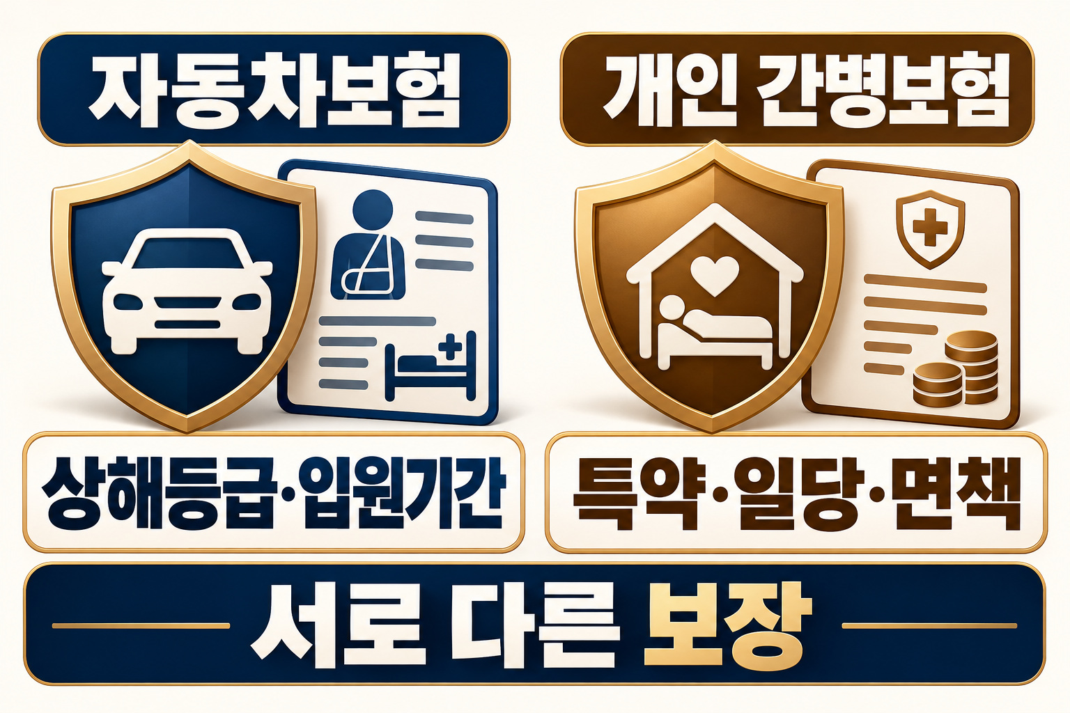 자동차보험 간병비와 개인 간병보험의 지급 기준을 두 갈래로 비교한 인포그래픽