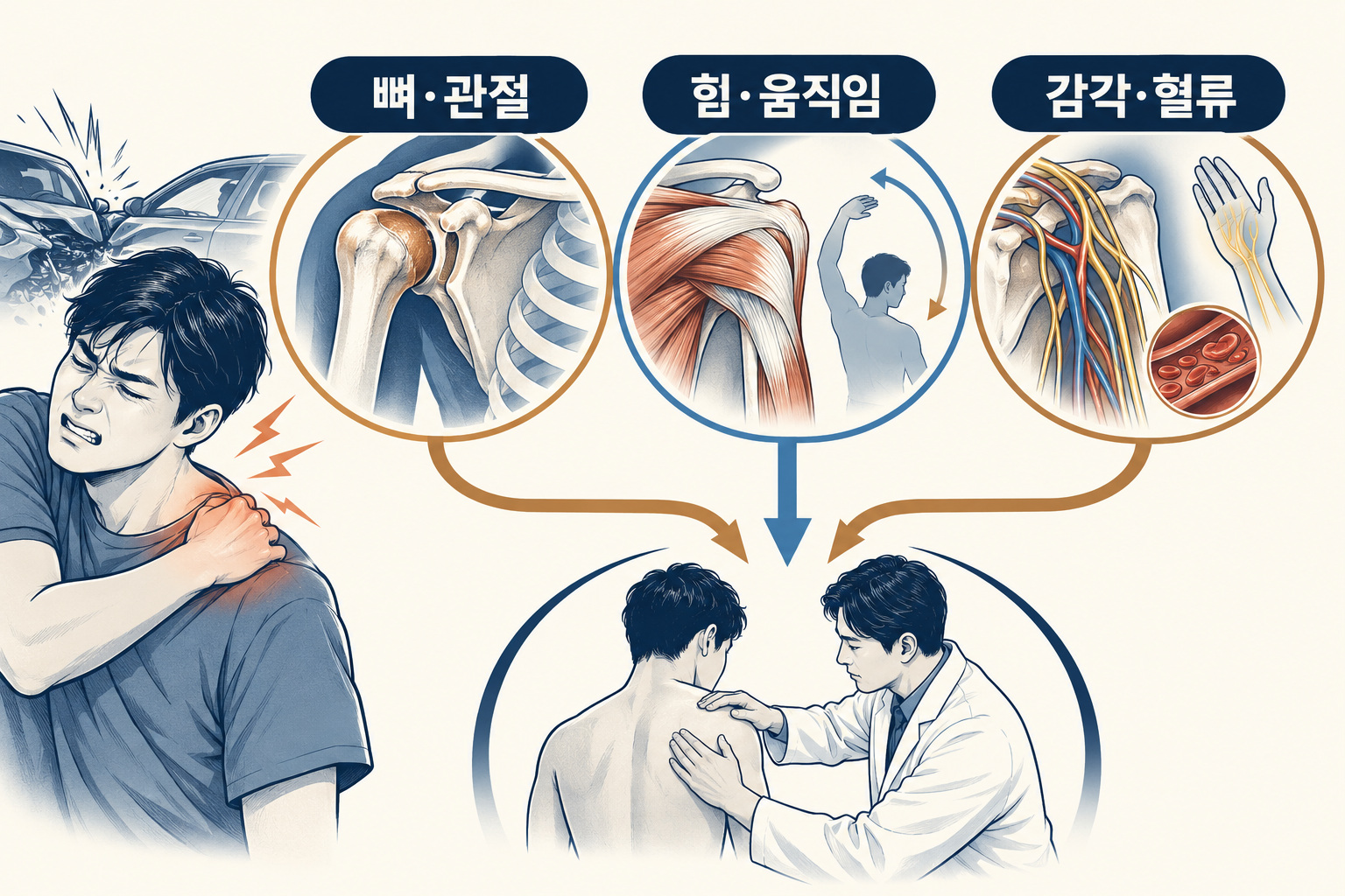 어깨 외상 뒤 팔 움직임·감각과 순환·진찰과 영상을 연결한 인포그래픽