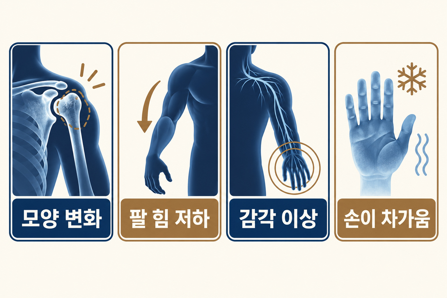 어깨 변형·지속되는 저림과 힘 저하·차갑고 창백한 손을 구분하는 위험 신호 인포그래픽