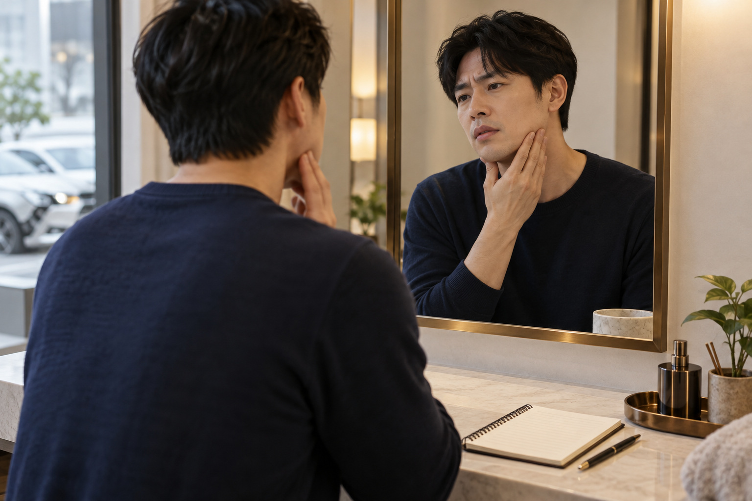 교통사고 뒤 턱 통증과 물림 변화를 기록하는 익명 성인의 설명용 장면